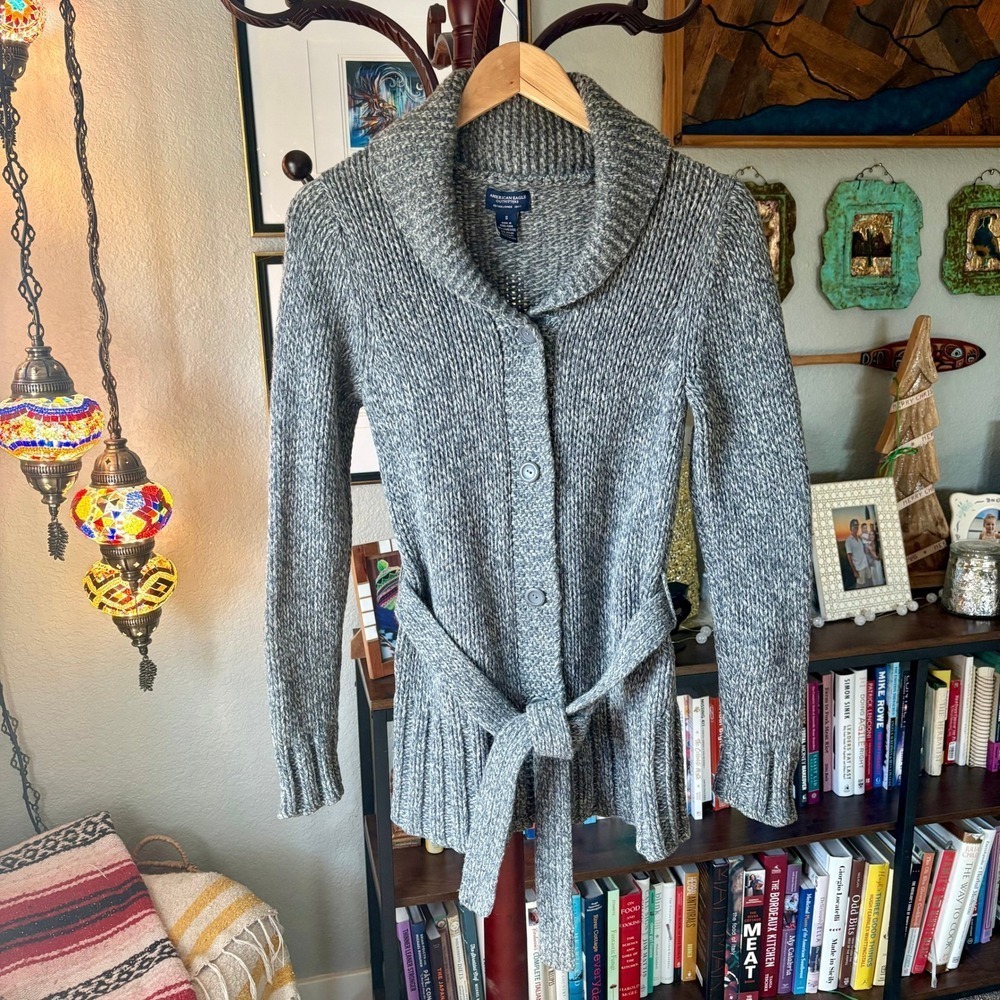 American Eagle Lambswool‎ Blend Belted Cardigan Sweater -- Small